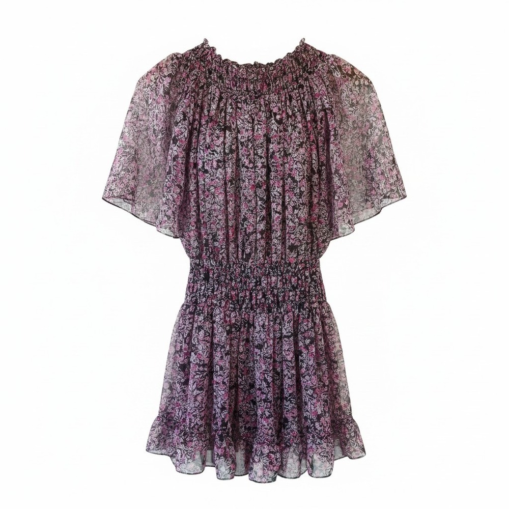 MISA Los Angeles Pink Purple Floral Smocked Mini Dress Flutter Sleeve Small
